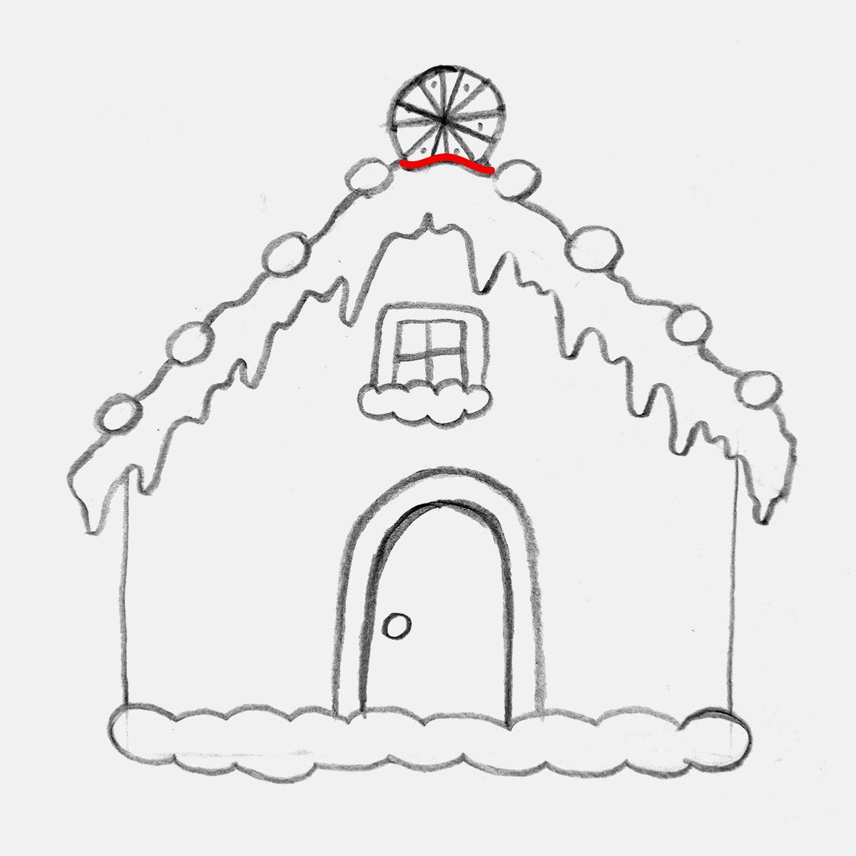 Step 15 of how to draw a gingerbread house: make the peppermint candy look like it's stuck into the icing on the roof.