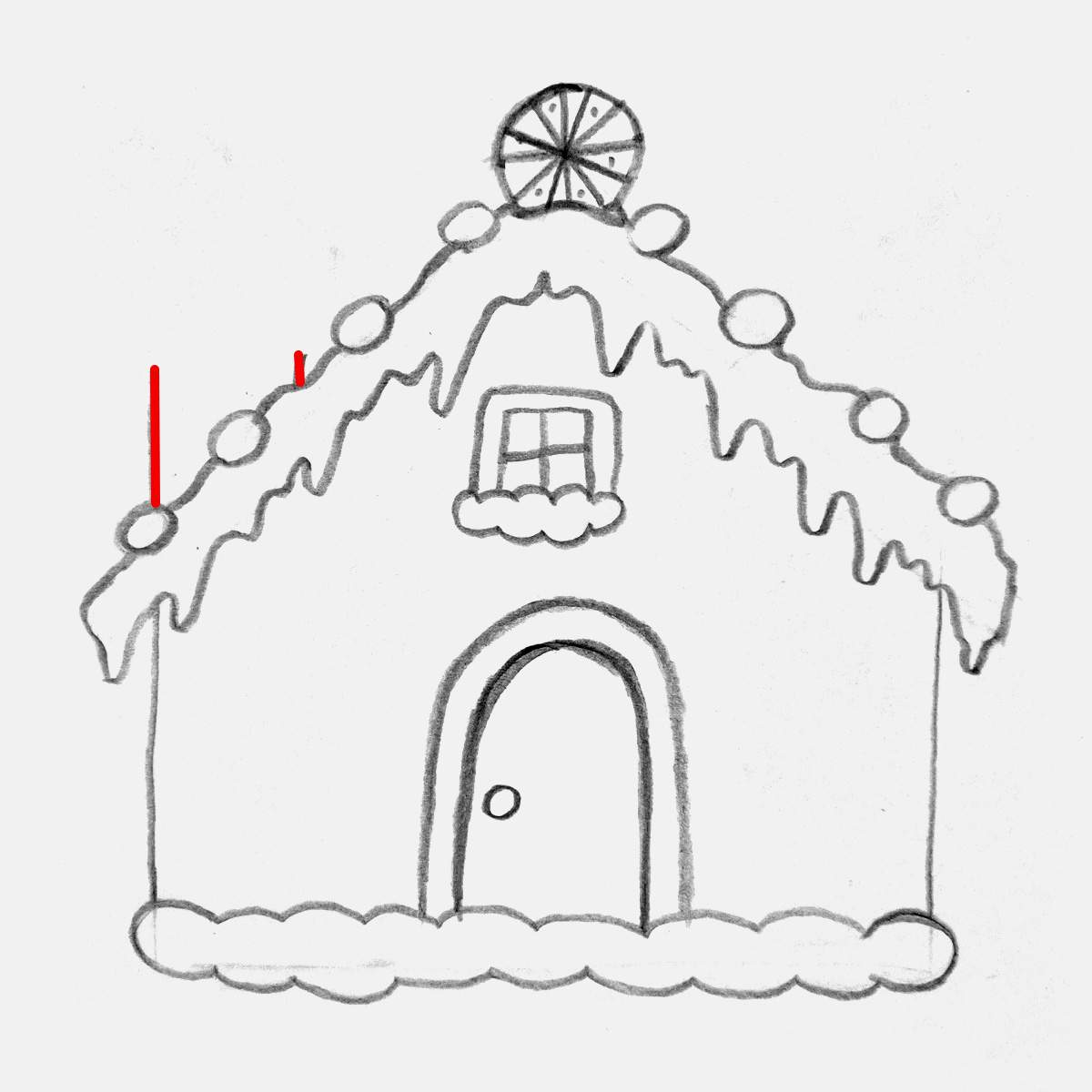 Step 16 of how to draw a gingerbread house: add the sides of the chimney on the left side of the roof