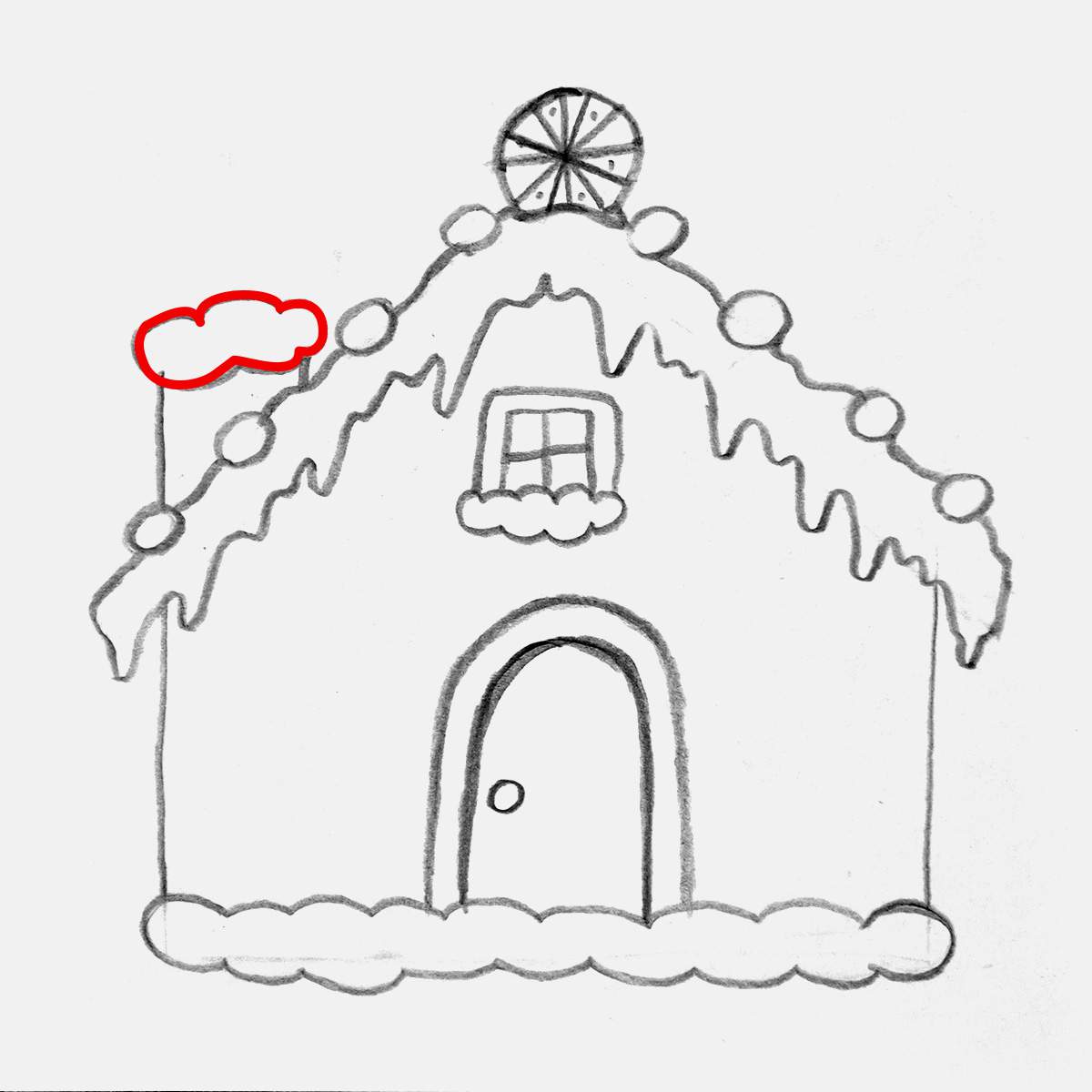 Step 17 of how to draw a gingerbread house: Sketch snow icing to make the top of the chimney
