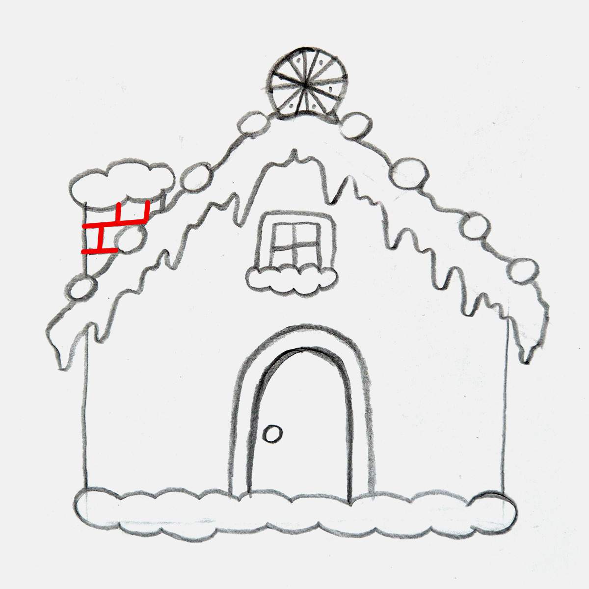 Step 18 of how to draw a gingerbread house: Sketch a brick texture on the chimney