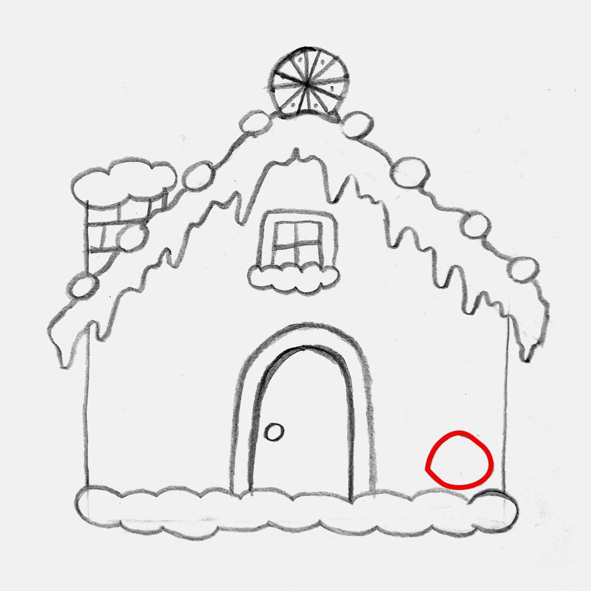 Step 19 of how to draw a gingerbread house: Sketch a small tree on the front right of the house, starting with a round gumdrop