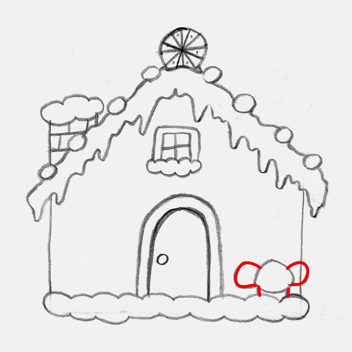 Step 20 of how to draw a gingerbread house: Sketch the trunk and add 2 more gumdrops.