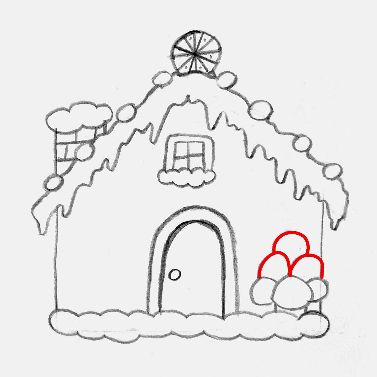 Step 21 of how to draw a gingerbread house: Add tree more gumdrop shapes to complete the little tree