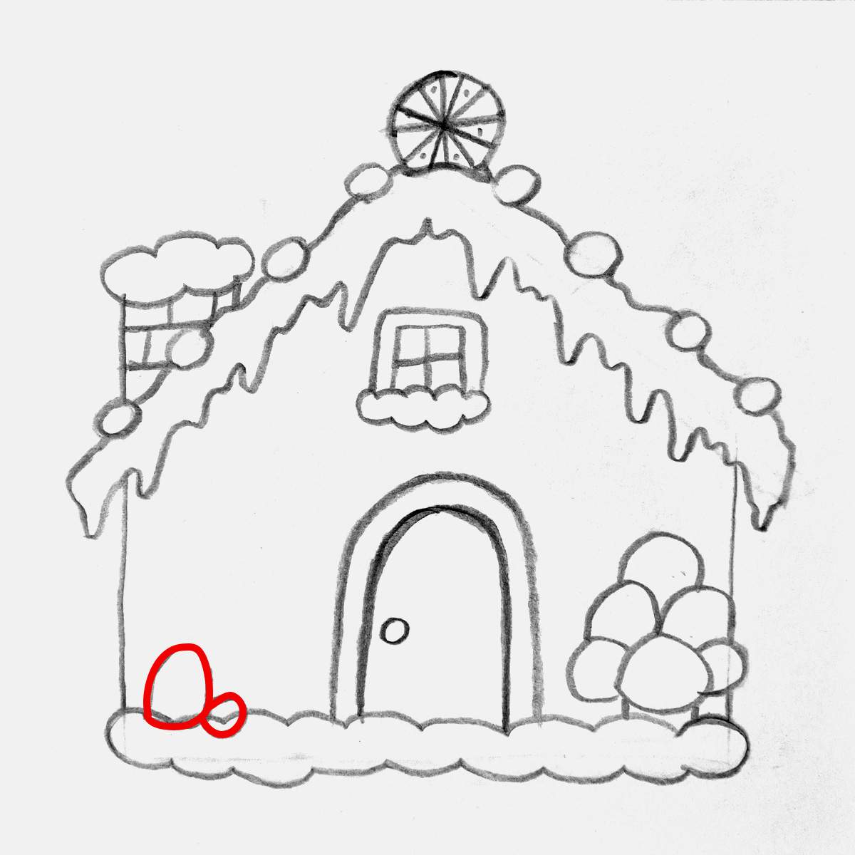 Step 22 of how to draw a gingerbread house: sketch a small and a bigger gumdrop on the right side of the house.
