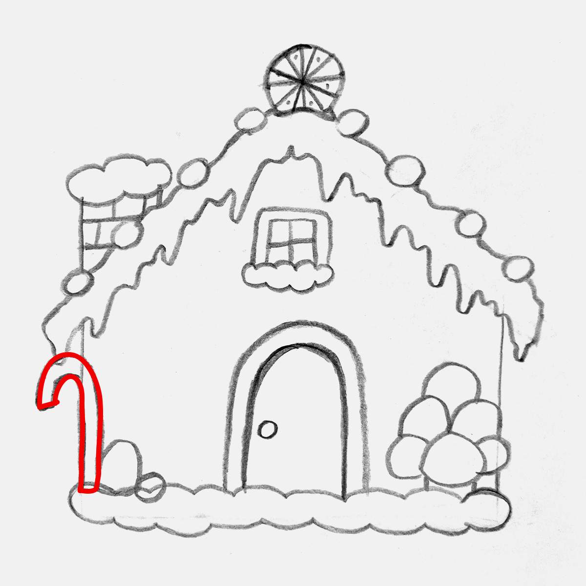 Step 23 of how to draw a gingerbread house: sketch the outline of a candy cane on the right side of the gingerbread house