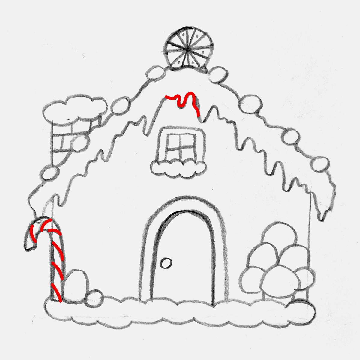 Step 24 of how to draw a gingerbread house: sketch the lines for the spiraling red and white lines on the candy cane.