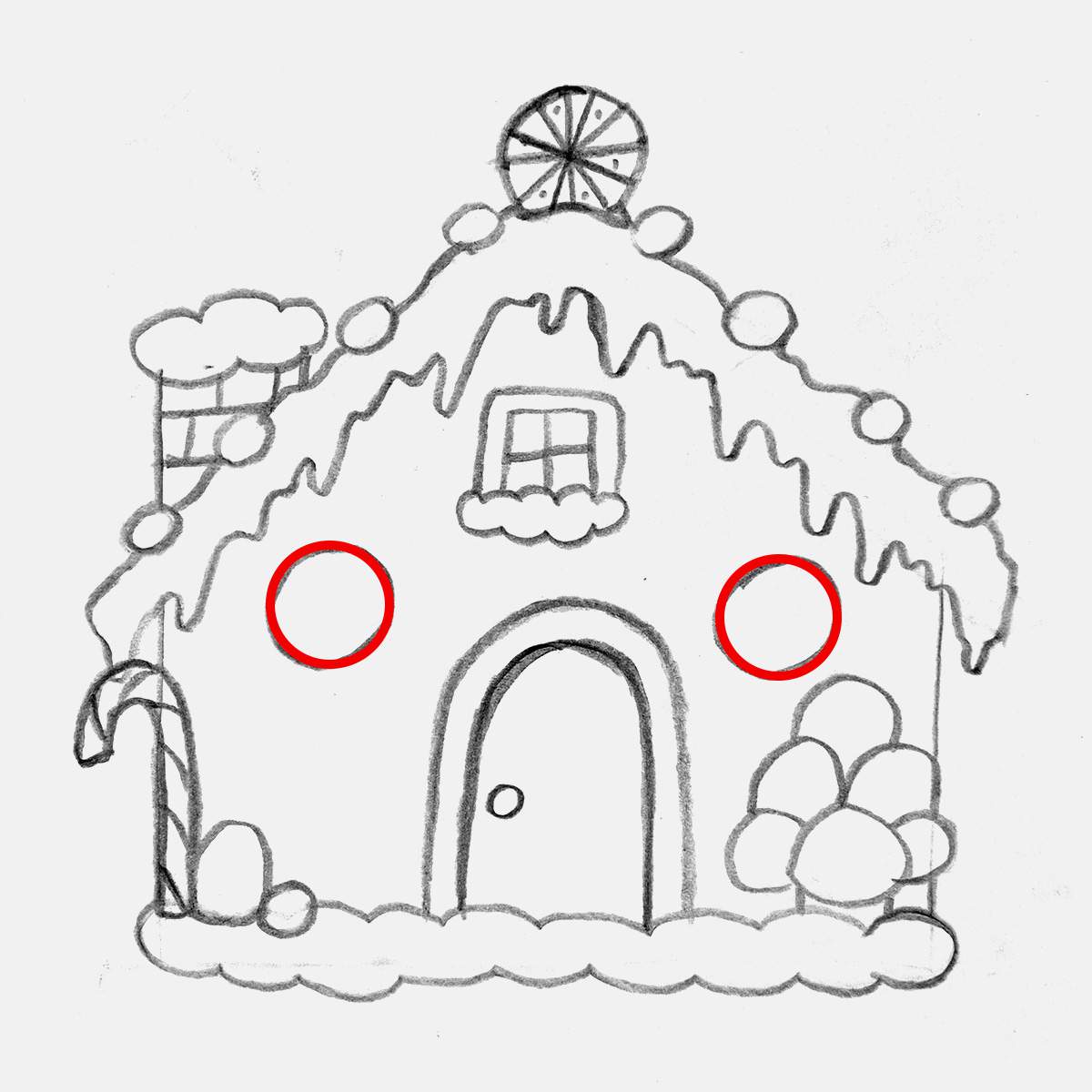 Step 25 of how to draw a gingerbread house: sketch two circles on the front wall of the house. These will be peppermint candies
