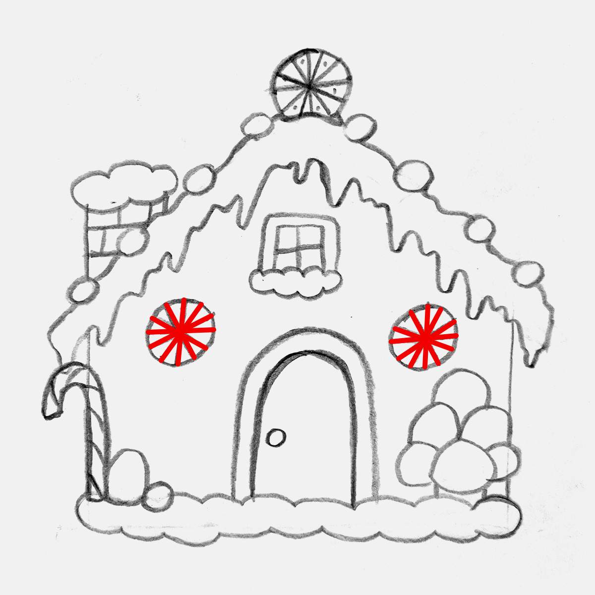 Step 26 of how to draw a gingerbread house: divide the peppermint candies into 12 equal sections
