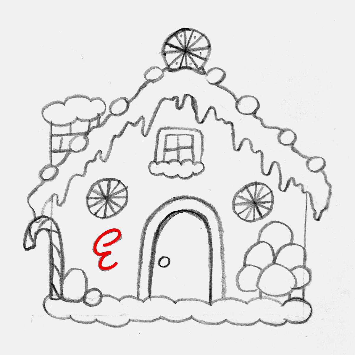 Step 27 of how to draw a gingerbread house: Add an icing swirl on the front wall of the house.