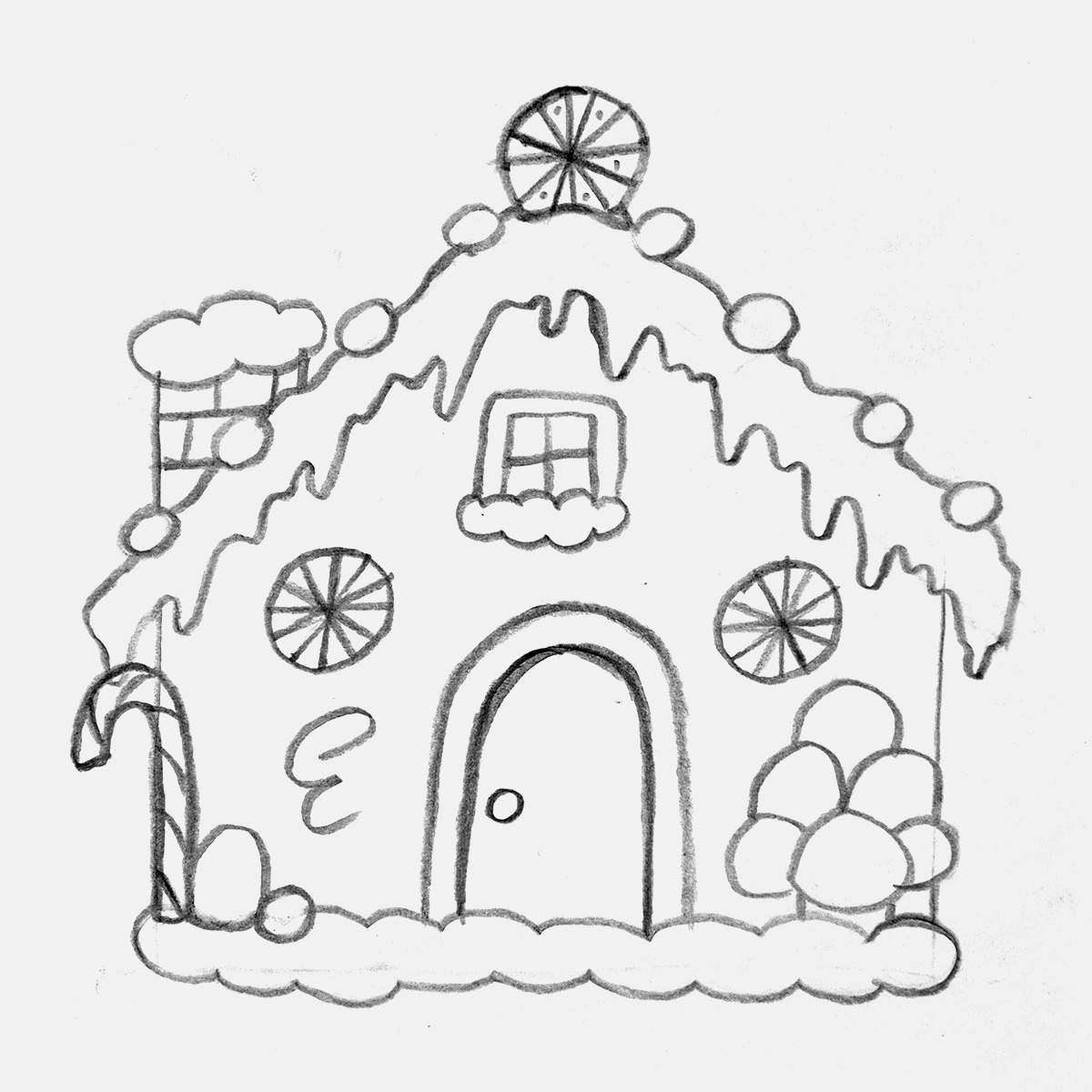 Step 28 of how to draw a gingerbread house: finished gingerbread house sketch
