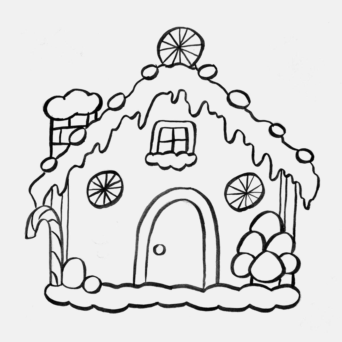 Step 29 of how to draw a gingerbread house: outline the gingerbread house sketch with a brush pen