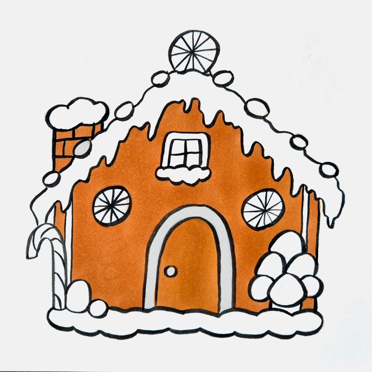 Step 30 of how to draw a gingerbread house: color the gingerbread with a golden brown marker