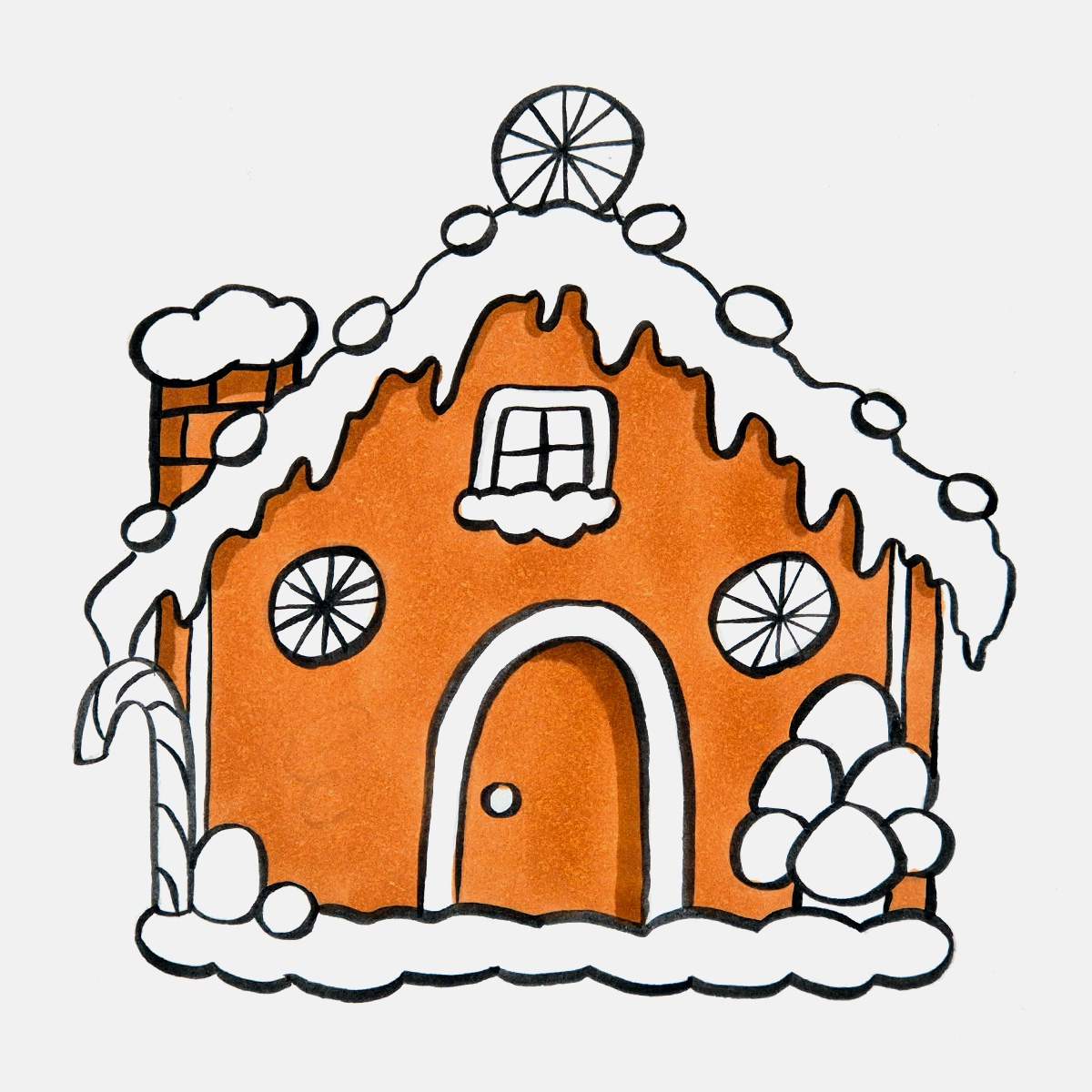 Step 31 of how to draw a gingerbread house: add shading to the gingerbread with a dark brown marker