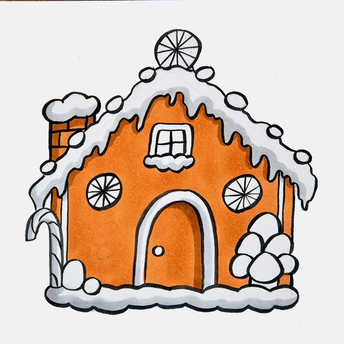 Step 32 of how to draw a gingerbread house: add shading to the icing with a light grey marker