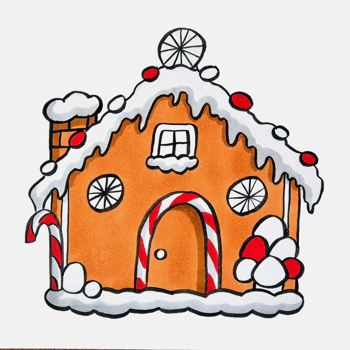 Step 3 of how to draw a gingerbread house: color all the red candy with a red marker