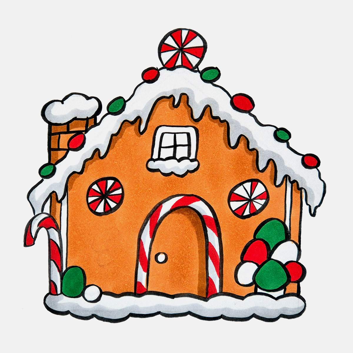Step 34 of how to draw a gingerbread house: Color all the green candy with a green marker
