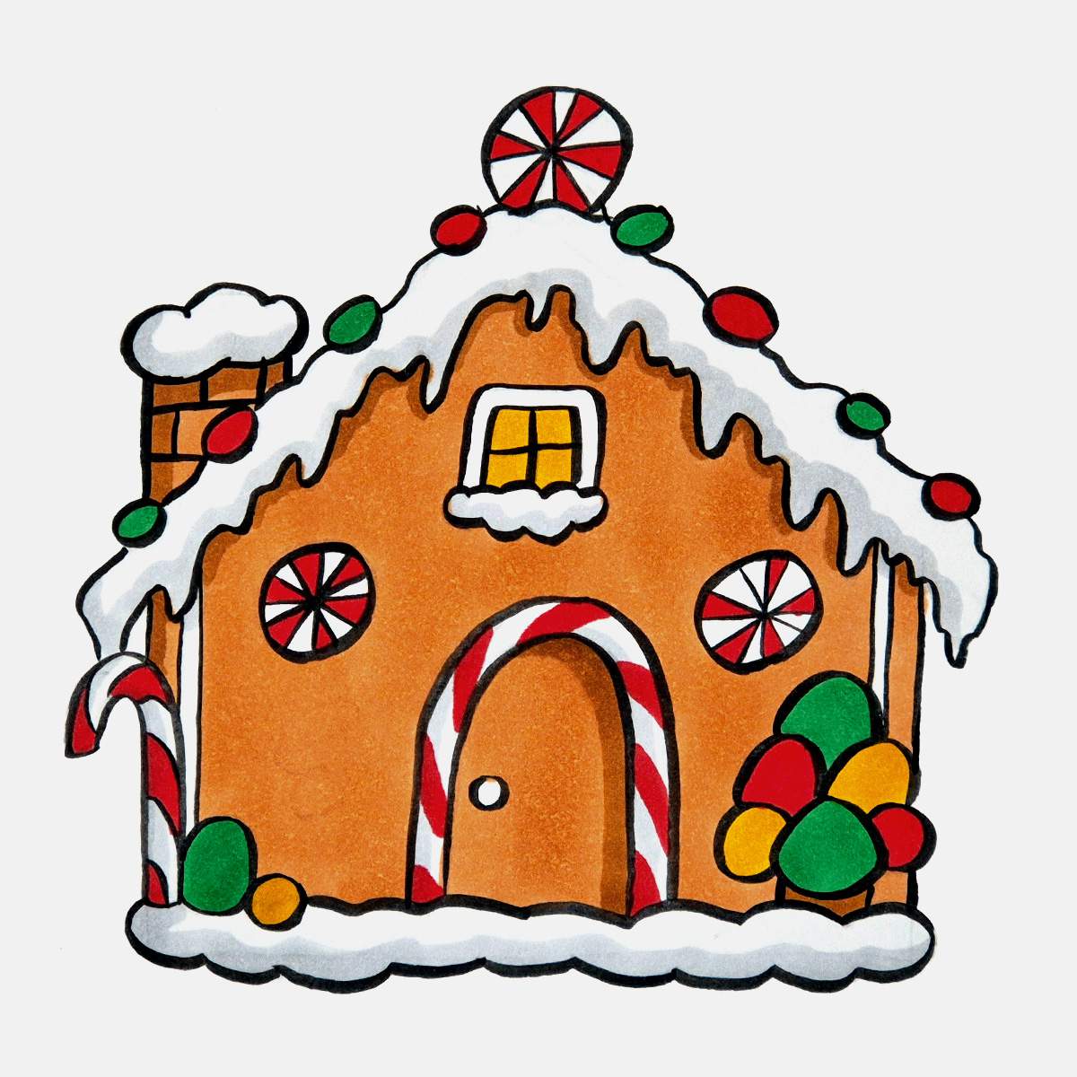 Step 35 of how to draw a gingerbread house: color the windows and the yellow candies with a golden yellow marker