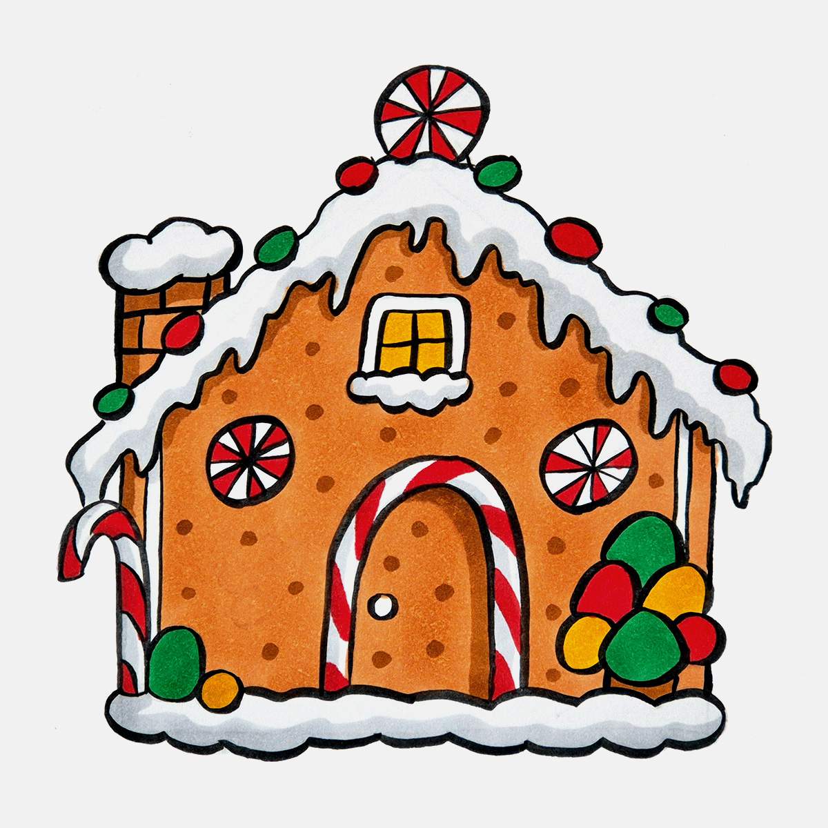 Step 36 of how to draw a gingerbread house: add a gingerbread texture with a dark brown marker