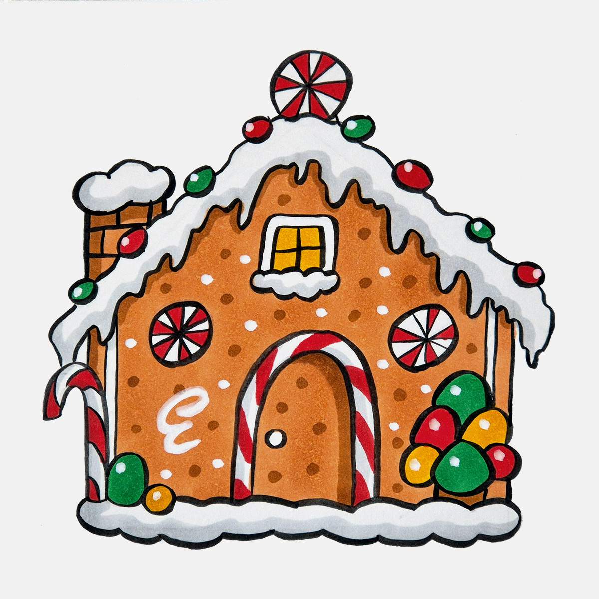 Step 37 of how to draw a gingerbread house: Add icing swirls and white dots on the front wall of the gingerbread house