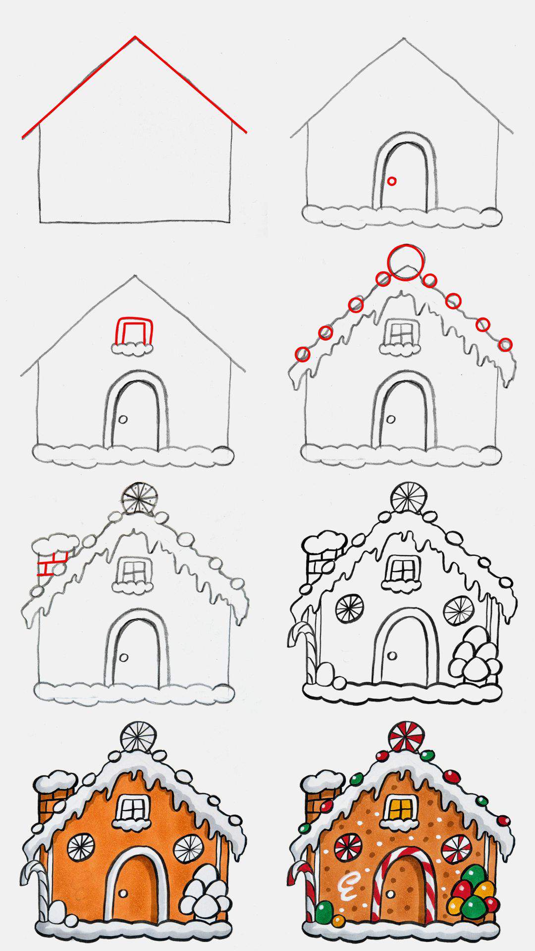 Stpes to draw a gingerbread house