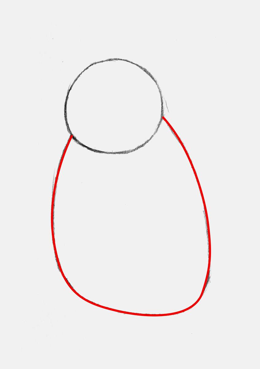 Step 2 of creating a penguin drawing step by step: sketch a blob shape for the penguin's body