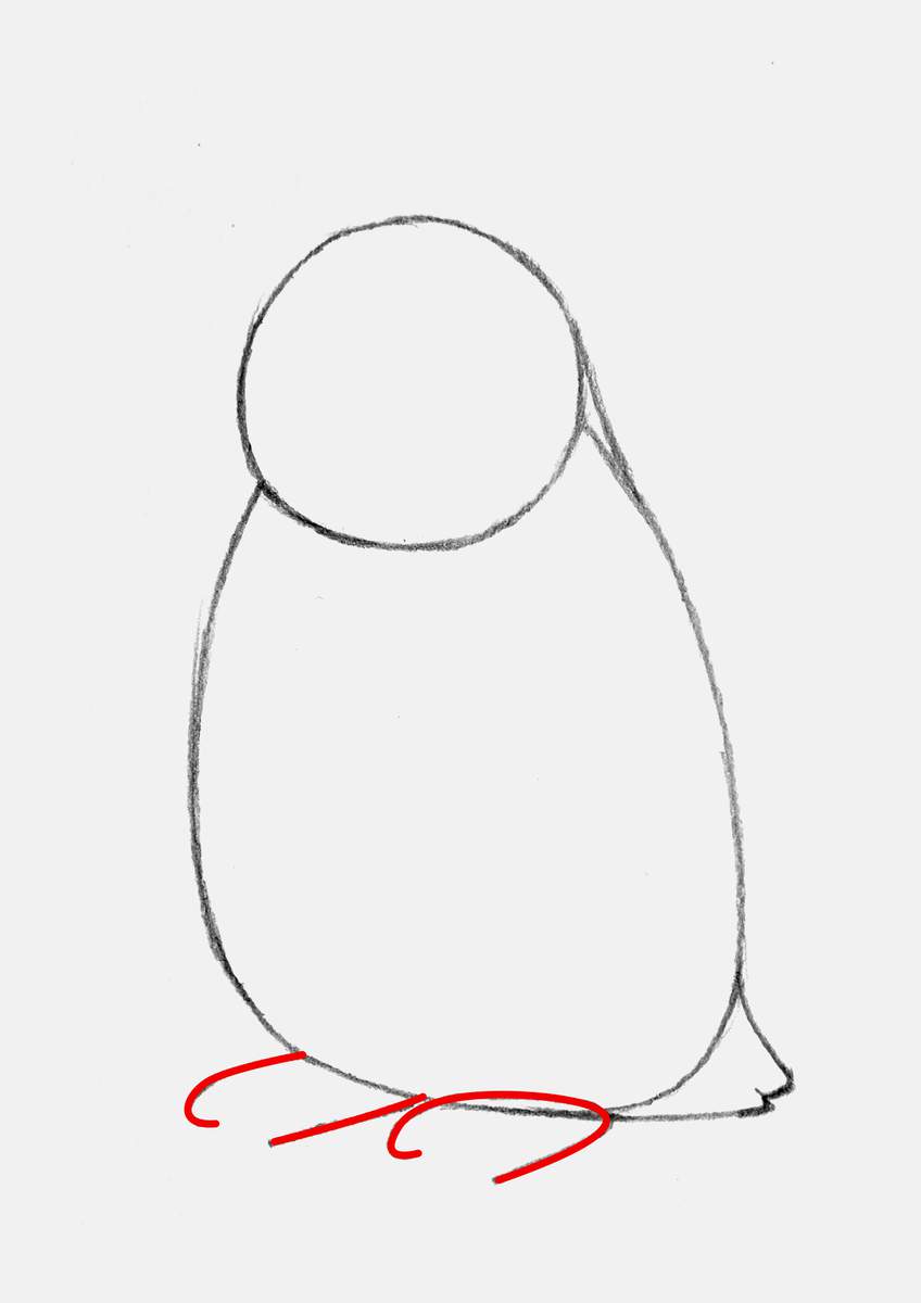 Step 4 of creating a penguin drawing step by step: add the penguin's feet