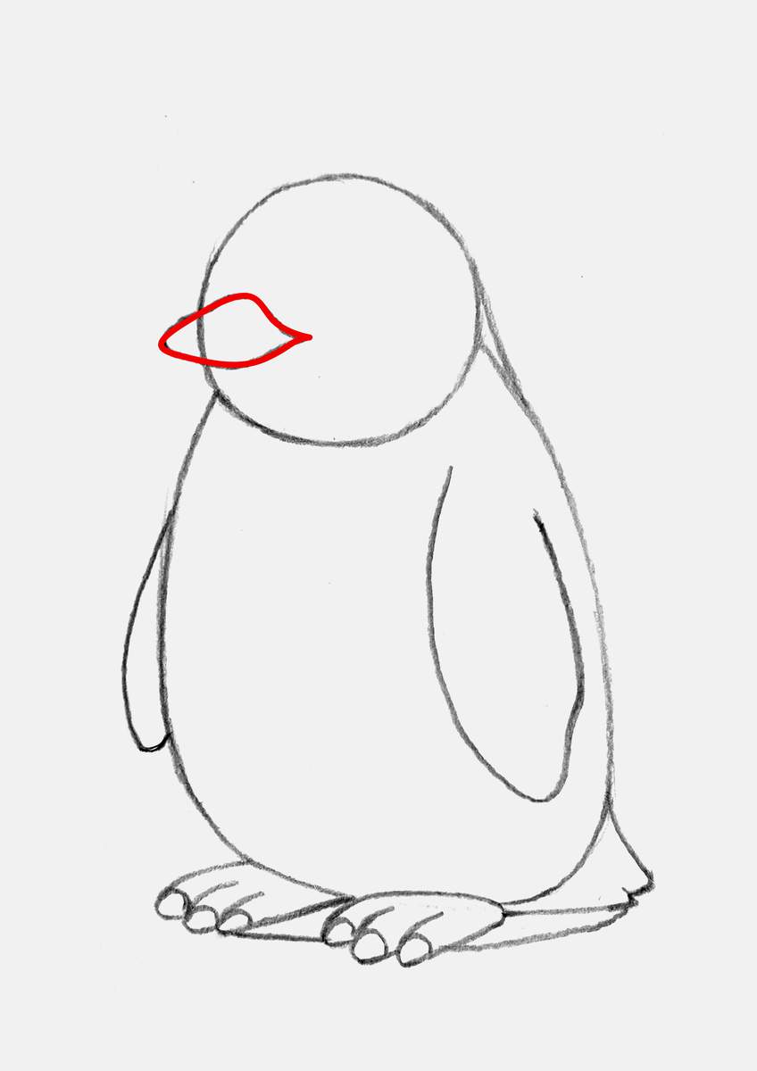 Step 8 of creating a penguin drawing step by step: sketch the penguin's beak