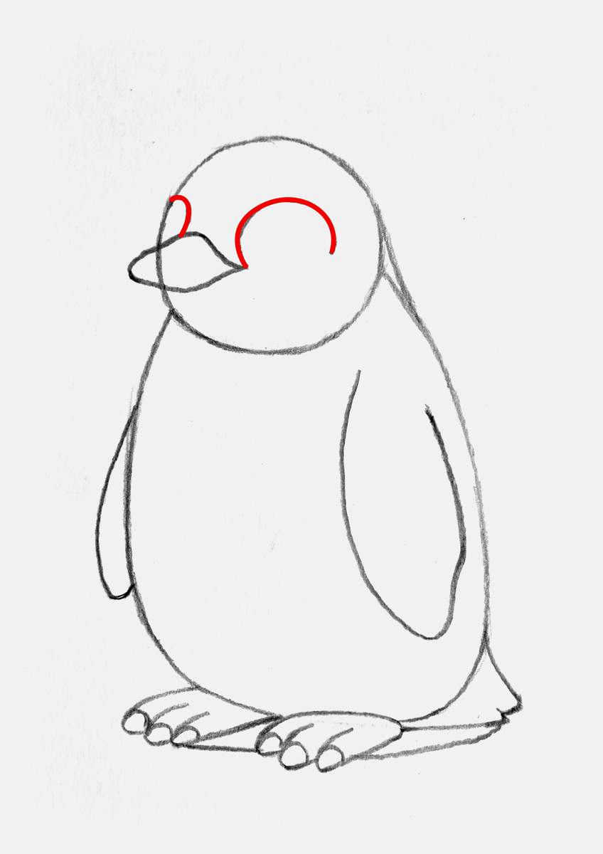 Step 9 of creating a penguin drawing step by step: sketch the fur pattern on the penguin's face