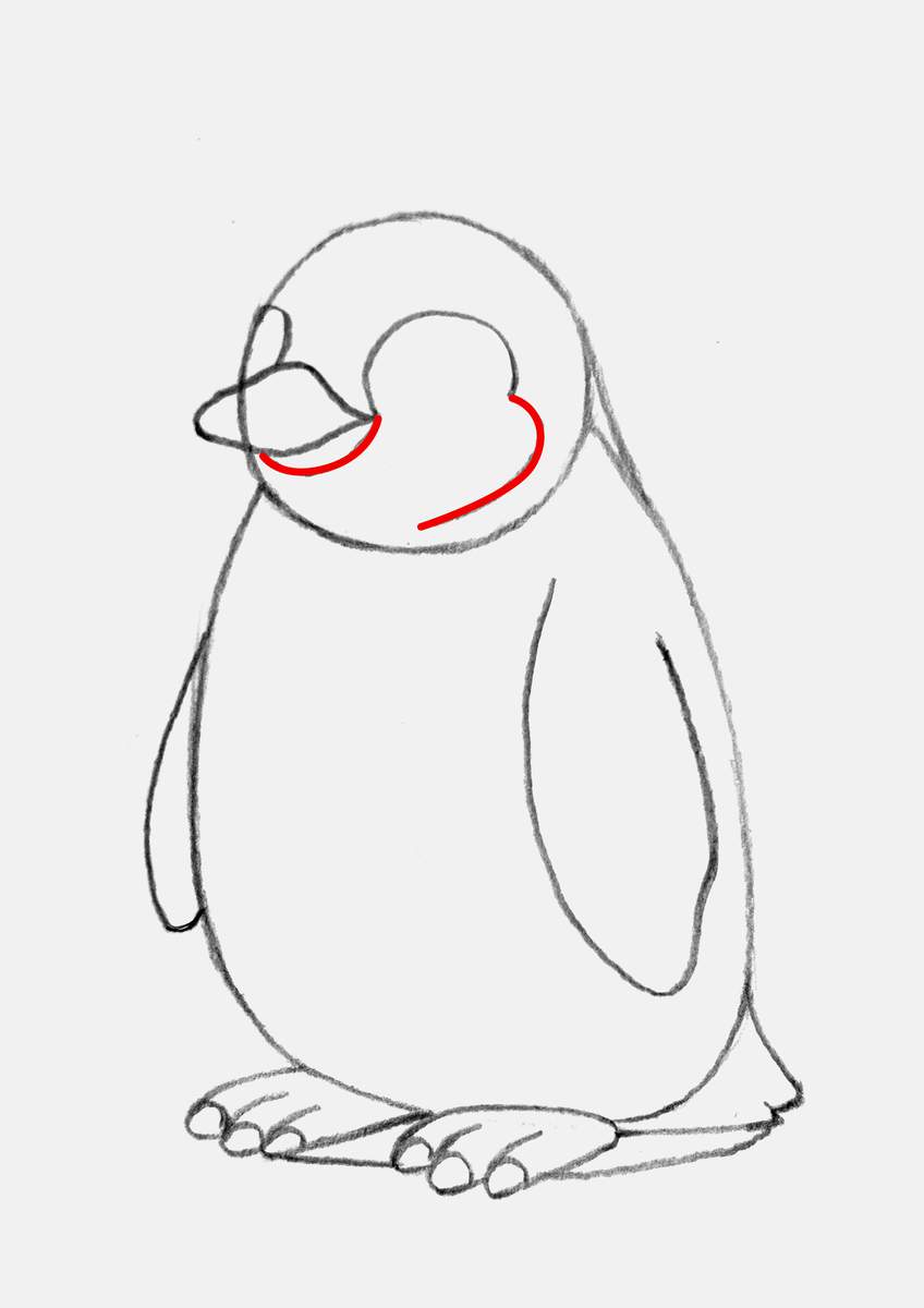 Step 10 of creating a penguin drawing step by step: sketch the fur pattern on the penguin's face