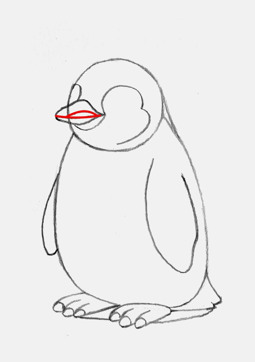 Step 11 of creating a penguin drawing step by step: sketch the beak line
