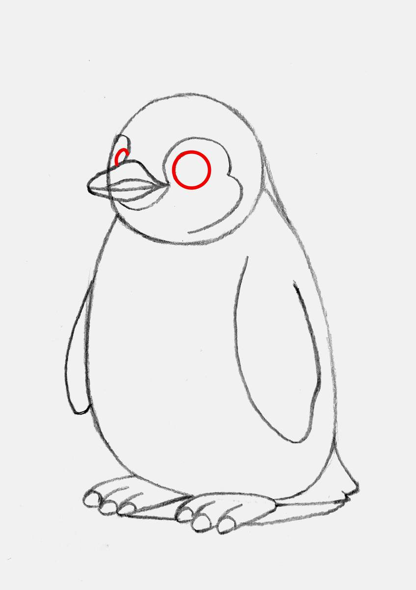 Step 12 of creating a penguin drawing step by step: draw the penguin's eyes