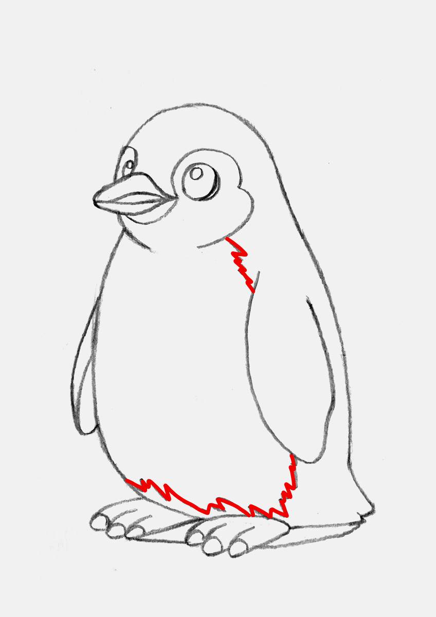Step 15 of creating a penguin drawing step by step: sketch the fur pattern on the penguin's body