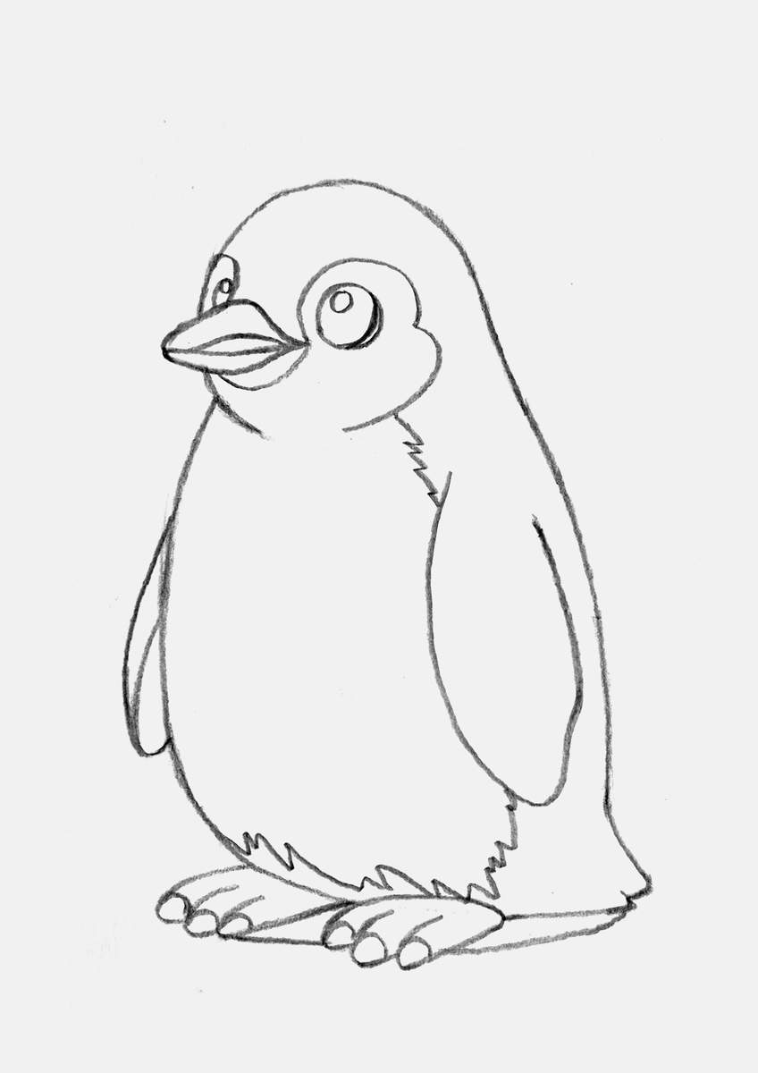 Step 16 of creating a penguin drawing step by step: finished penguin sketch