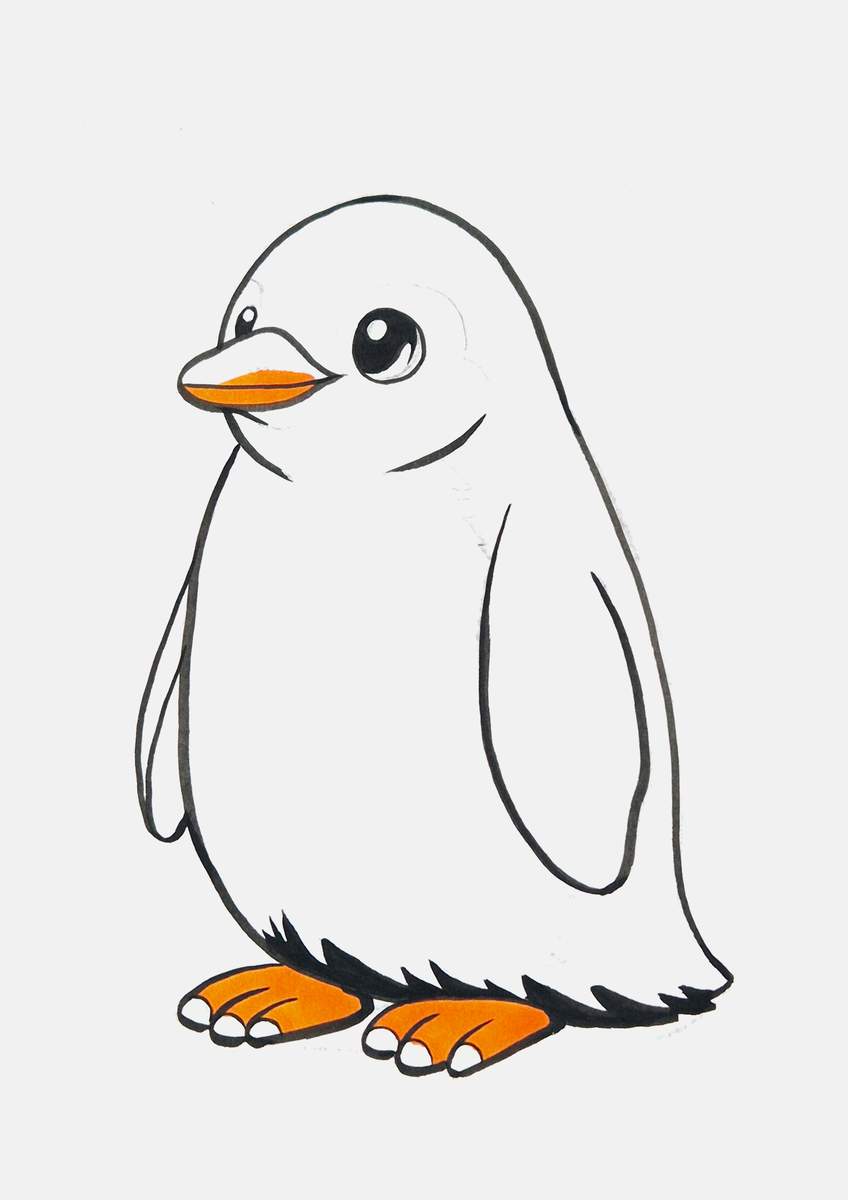 Step 18 of creating a penguin drawing step by step: color all the orange parts of the penguin