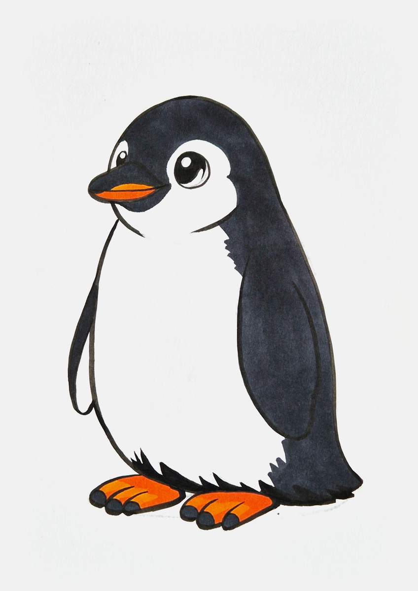 Step 20 of creating a penguin drawing step by step: color the black fur with a dark grey marker