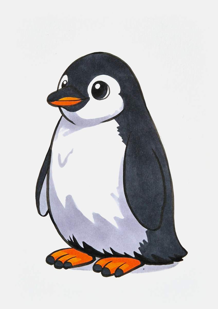 Step 21 of creating a penguin drawing step by step: add light grey shading to the white fur of the penguin
