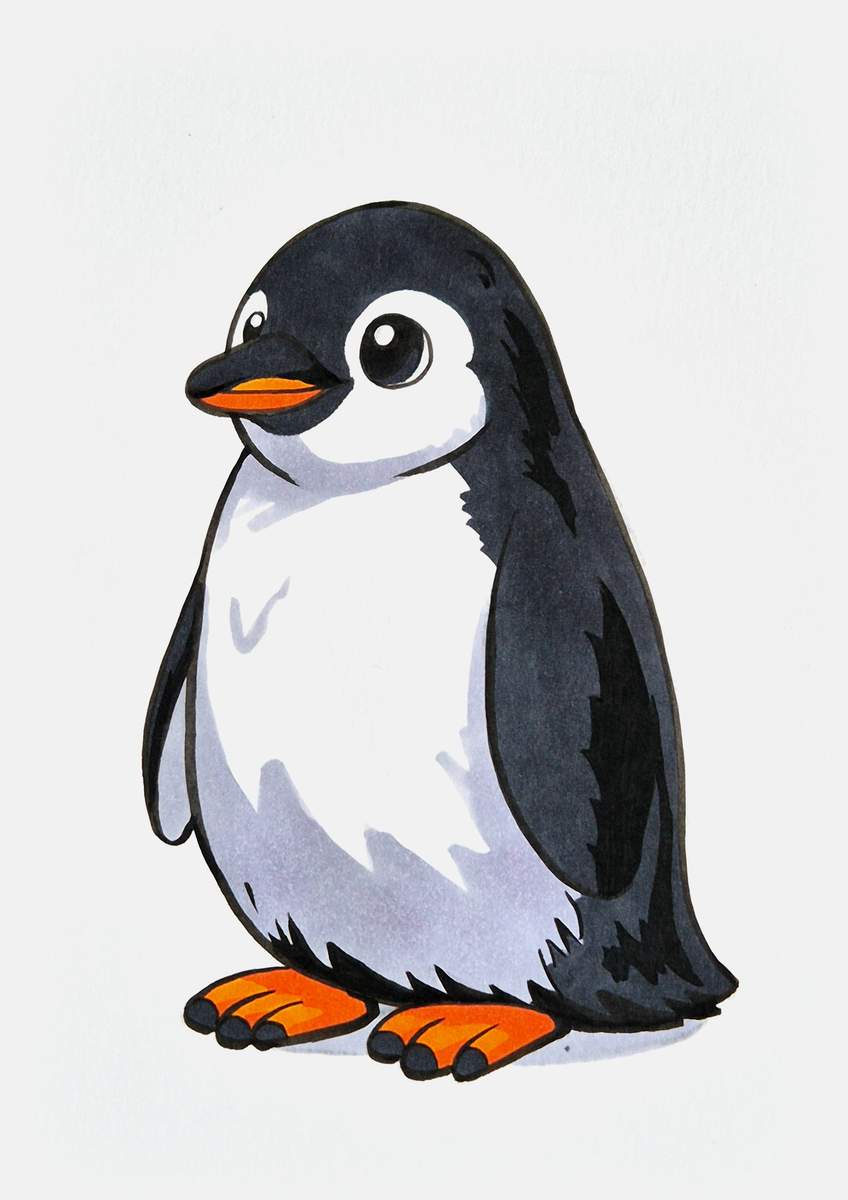 Step 22 of creating a penguin drawing step by step: add some black shadows to the dark fur