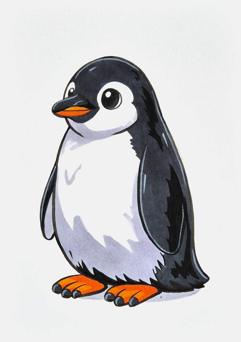 Step 23 of creating a penguin drawing step by step: add a few white highlights and details to the penguin drawing with a white colored pencil