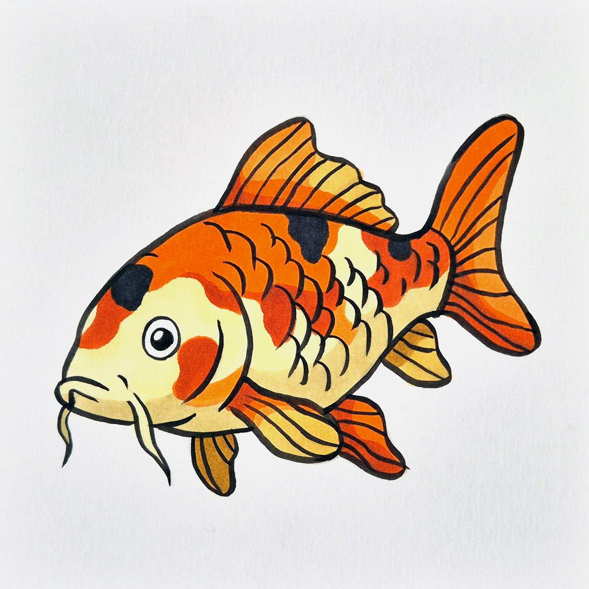 easy koi fish drawing tutorial step 20: use a darker orange to shade the orange parts of the koi fish