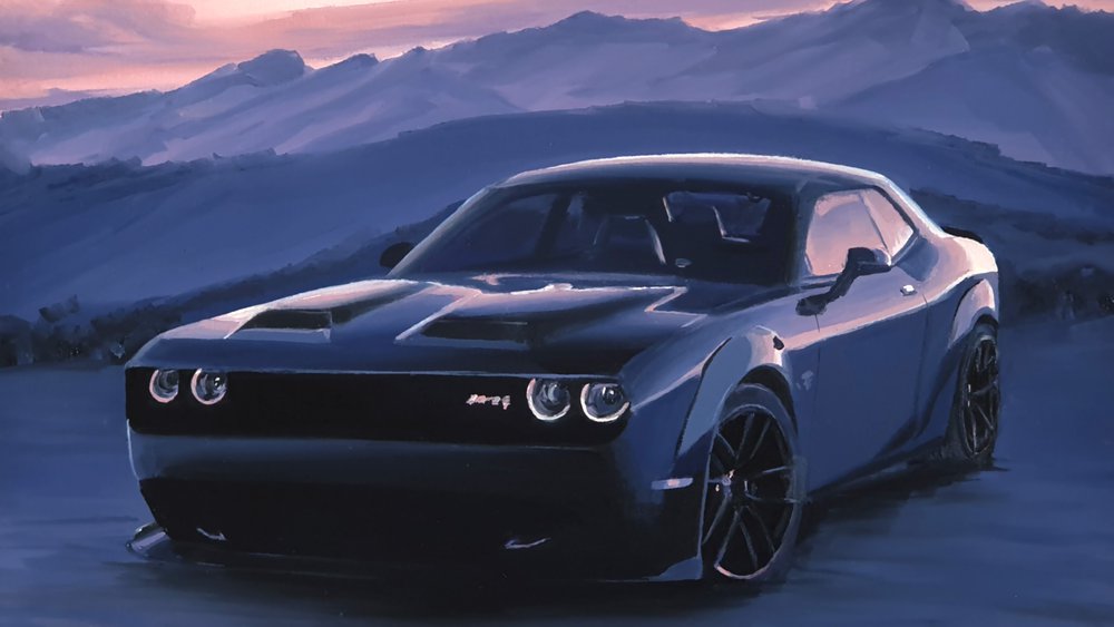 painting of a dodge challenger. best art sharing platforms