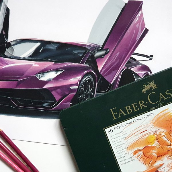 faber castell polychromos review. drawing of a lamborghini aventador svj in purple/magenta made with faber castell polychromos