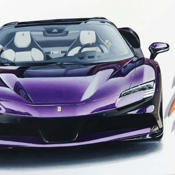 drawing of a ferrari sf90 stradale spider in purple made with the caran d'ache luminance colored pencils. the best colored pencils