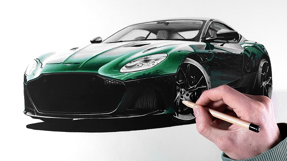 person drawing a aston martin dbs superleggera with alcohol markers and colored pencils. how to make colored pencils look so good