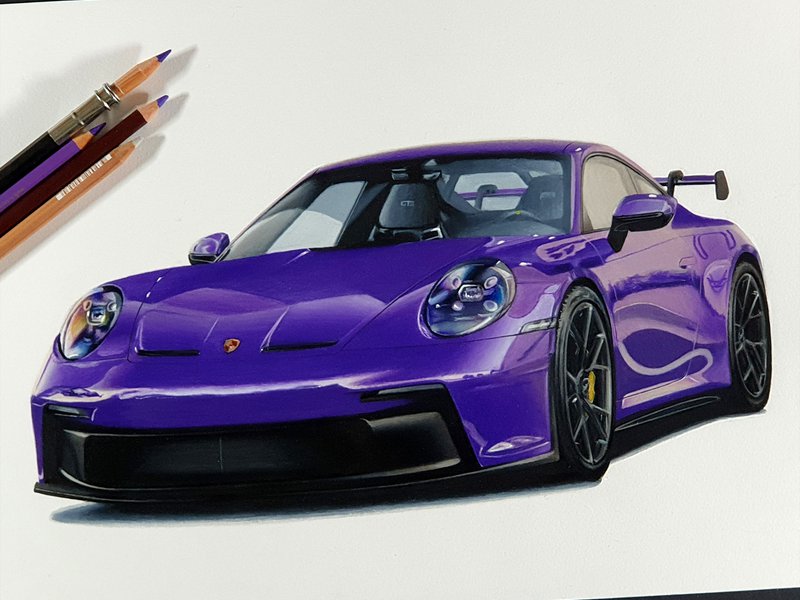 Realistic car drawing. Colored pencil and alcohol marker drawing of a Porsche 911 992 GT3 in Ultraviolet. Inspired by Mat Armstrongs GT3 that was formerly owned by Adam LZ. This drawing is made by Luuk Minkman.