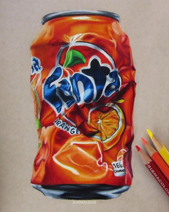 realistic colored pencil drawing of a squished fanta orange can