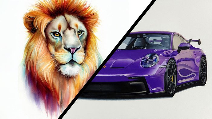 a comparison between watercolor pencils and colored pencils. The image on the left is a drawing of a lion madew with water color pencils and the image on the right is a drawing of a porsche made with colored pencils.