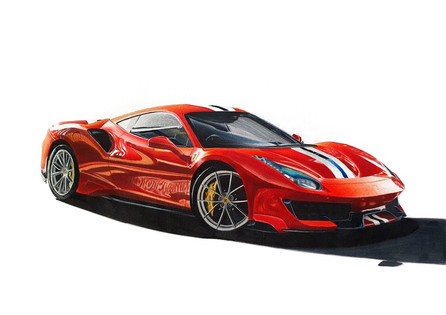 Car drawing of a Ferrari 488 Pista in Rosso Fuoco drawn with Winsor and Newton Promarker alcohol based markers and Faber Castell Polychromos colored pencils