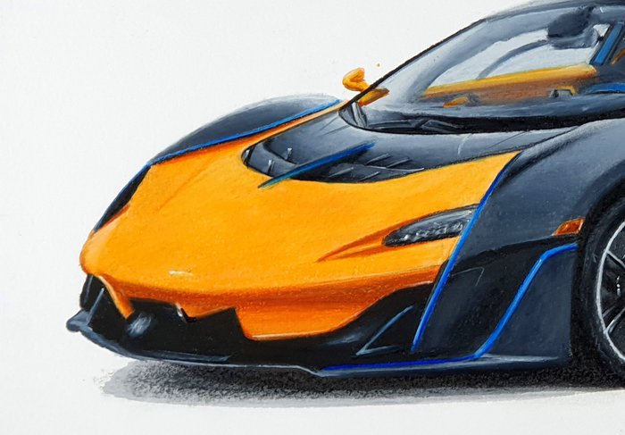 part of a drawing of a mclaren sabre drawn with derwent coloursoft colored pencils