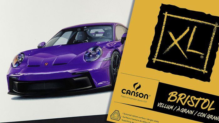 drawing of a porsche 992 gt3 in ultraviolet next to a pad of canson bristol vellum paper - best paper for wax-based colored pencils