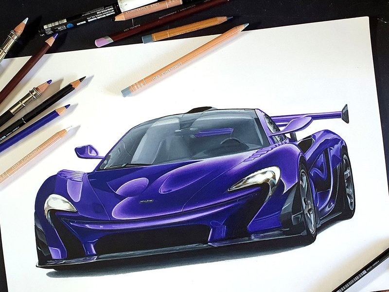 Colored pencils and marker drawing of a Lanzante McLaren P1 HDK (GTR-iffied P1) in Lantana Purple made by Luuk Minkman